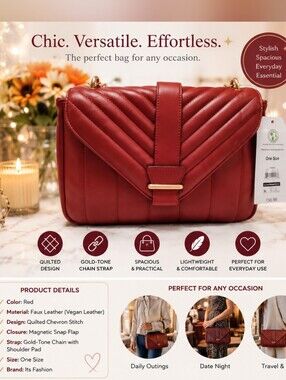 TIME AND TRUE RED QUILTED CHEVRON CROSSBODY BAG